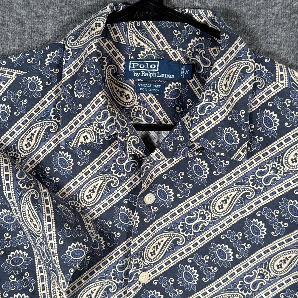 Polo Ralph Lauren Vintage Camp Shirt Mens Medium Blue Bandana Paisley Camp Loop